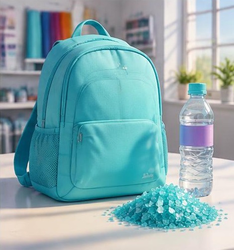 A turquoise backpack beside a plastic bottle and recovered material